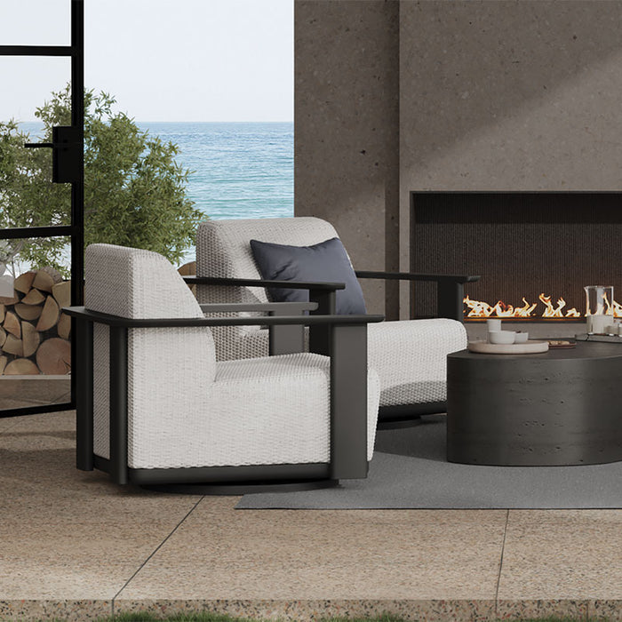 **NEW** EBEL- CORTE SWIVEL CHAT CHAIR WOVEN WICKER PEARL WICKER, ONYX FRAME