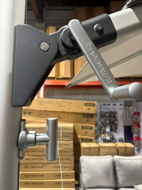 TREASURE GARDEN SUNBRELLA SILVER LINEN CANTILEVER COMMERCIAL SHADEMAKER SOLARIS 30S SQ W/ ZPLATE ROLLING BASE 450LBS
