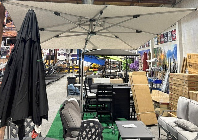 TREASURE GARDEN SUNBRELLA SILVER LINEN CANTILEVER COMMERCIAL SHADEMAKER SOLARIS 30S SQ W/ ZPLATE ROLLING BASE 450LBS
